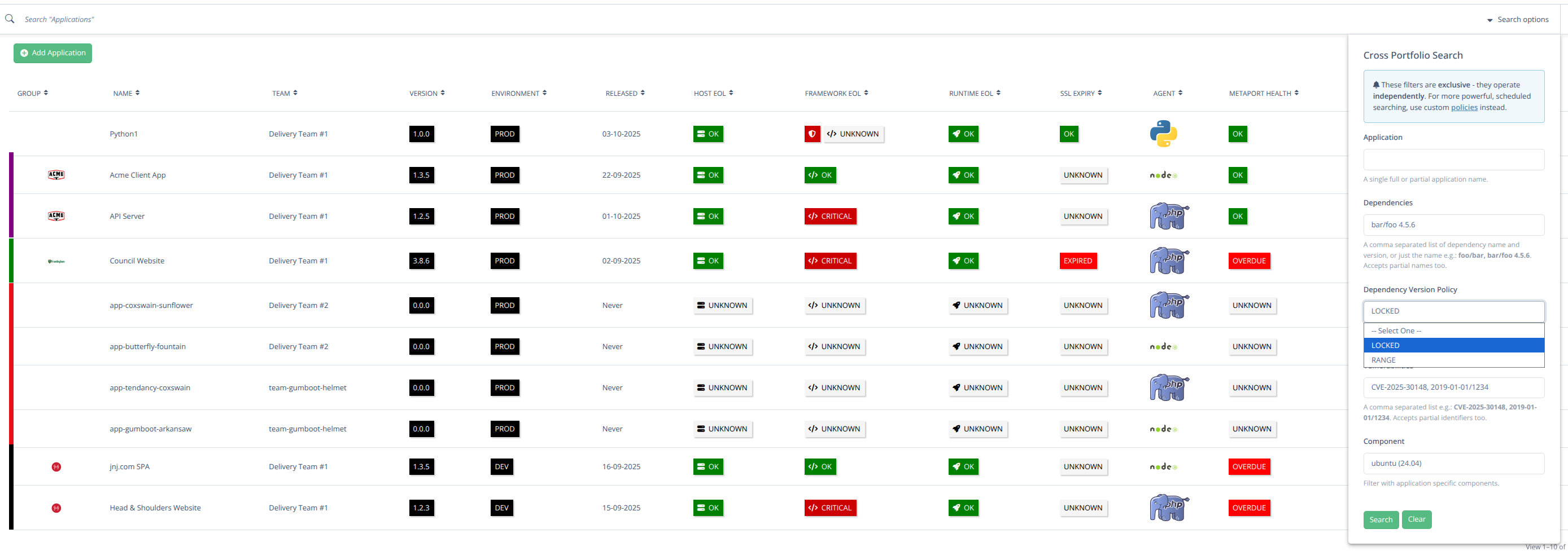 Screenshot of Metaport's security vulnerability and dependency search feature.